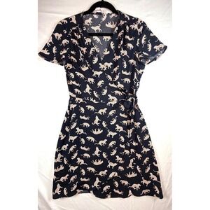J.Crew Womens Leopard  Wrap Dress Short Sleeve Navy Blue Size 0 flirty fun‎